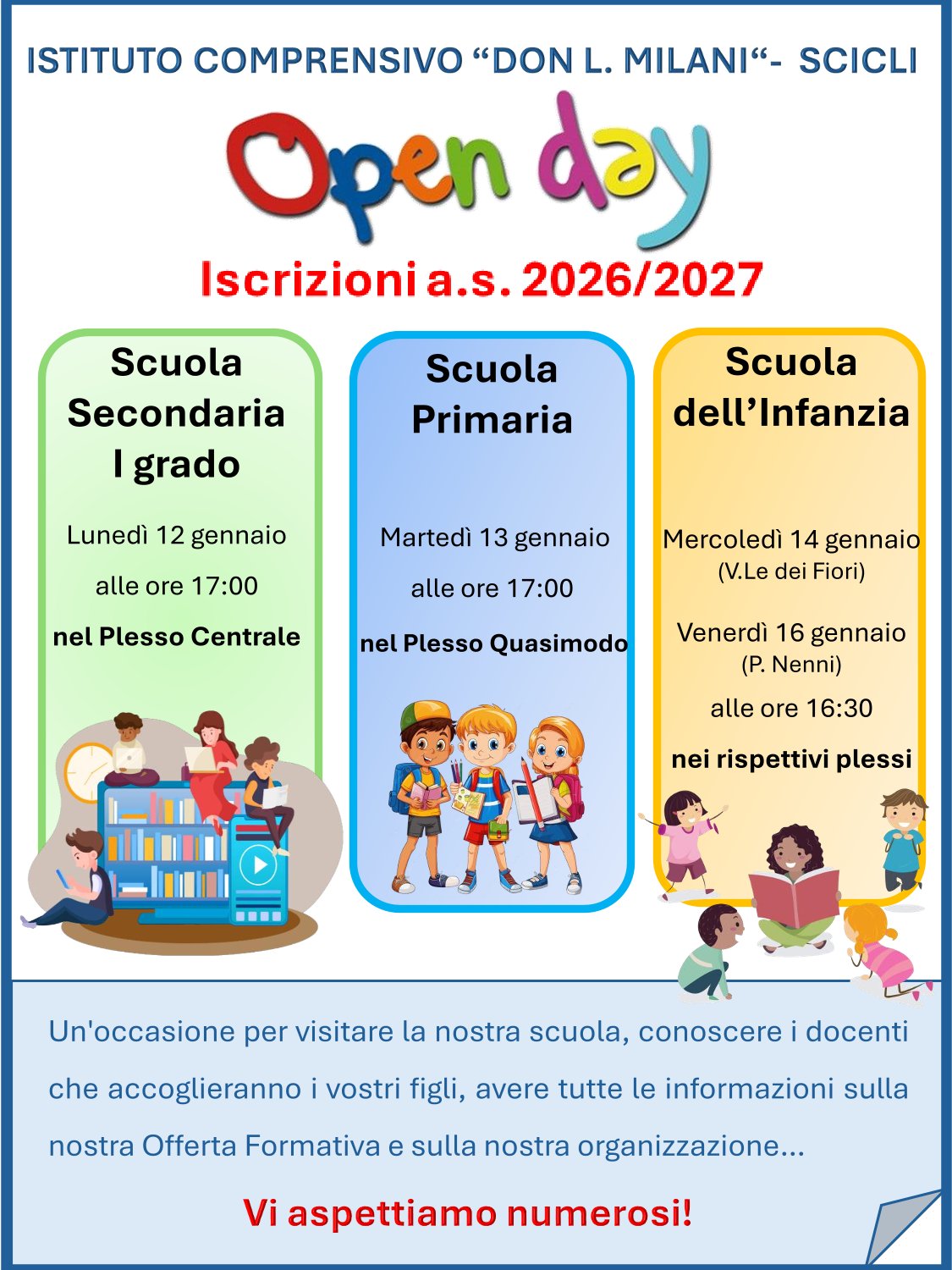 Open Day - I.C. Don Lorenzo Milani - giorni 12 - 13 -14 e 16 gennaio 2026